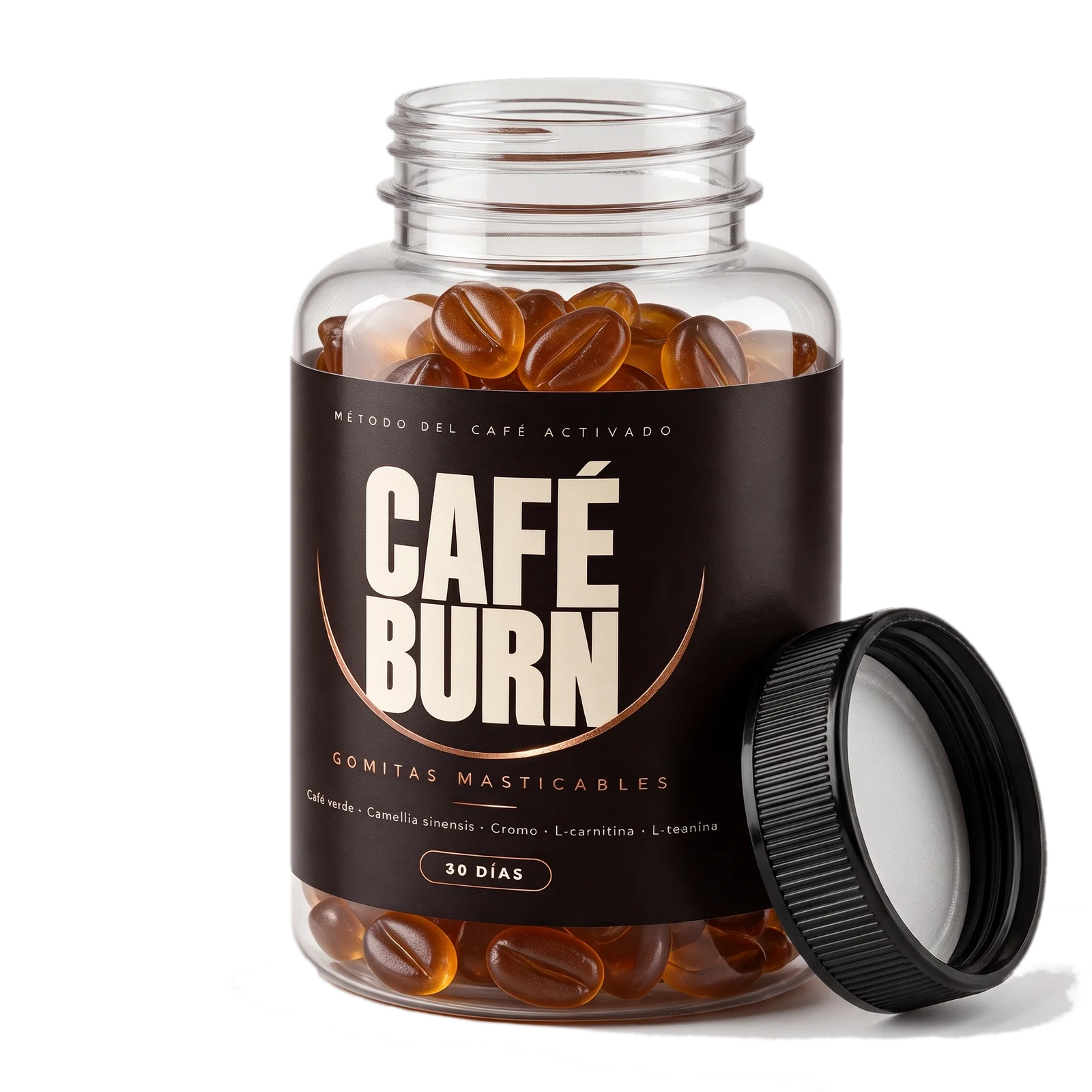 El frasco de Café Burn abierto, con las gomitas adentro