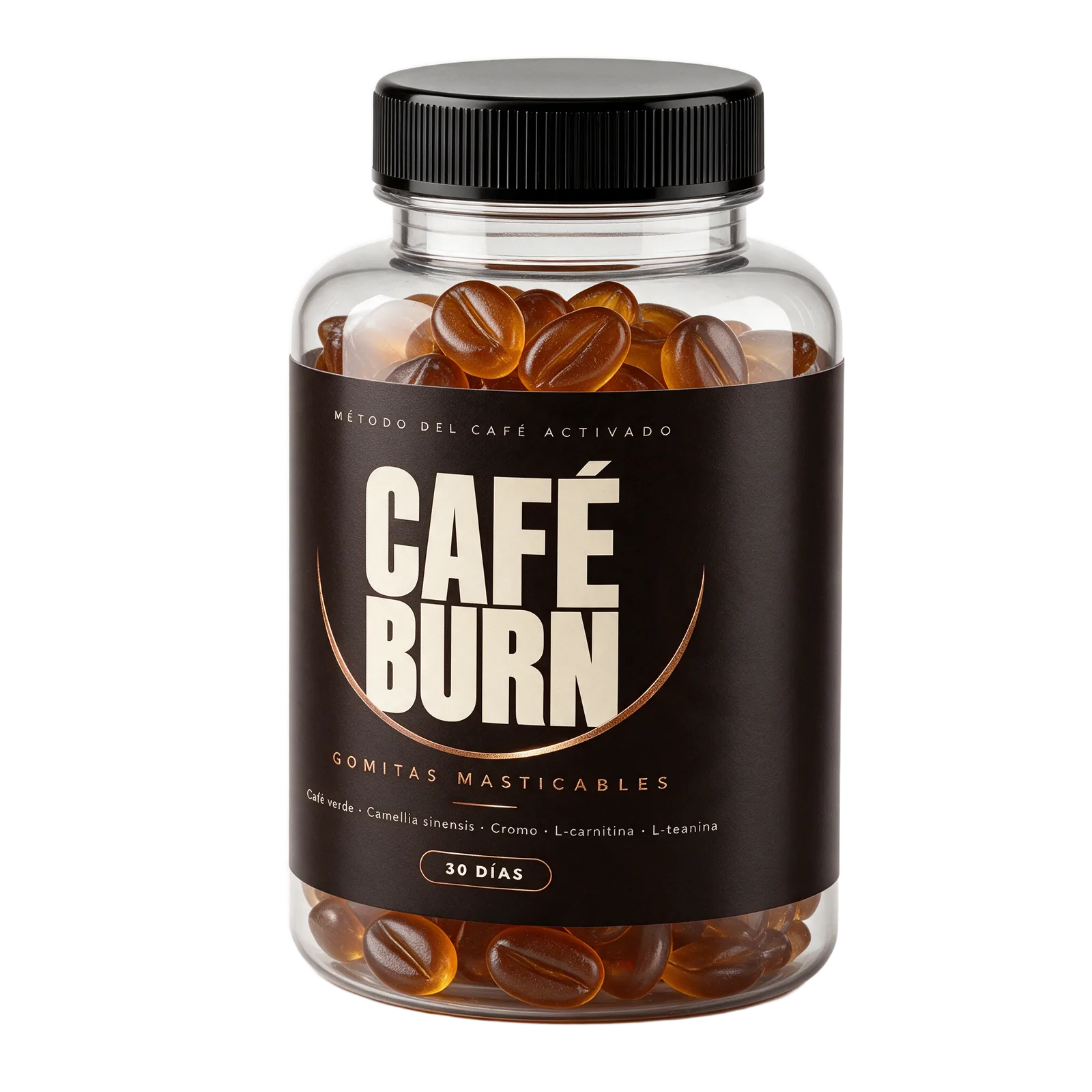 El frasco de Café Burn, del lado derecho