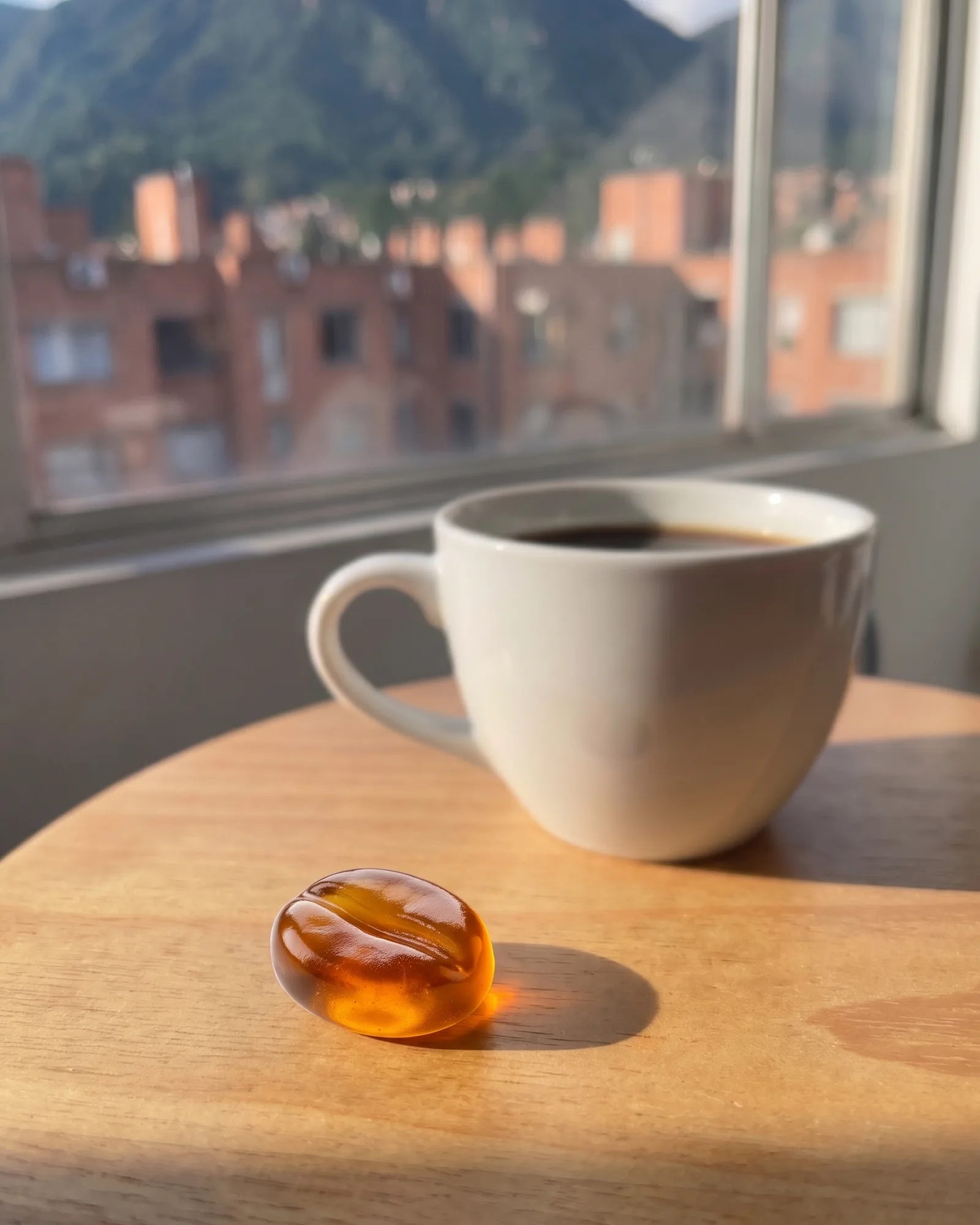 Una gomita de Café Burn con forma de grano, junto a una taza de café