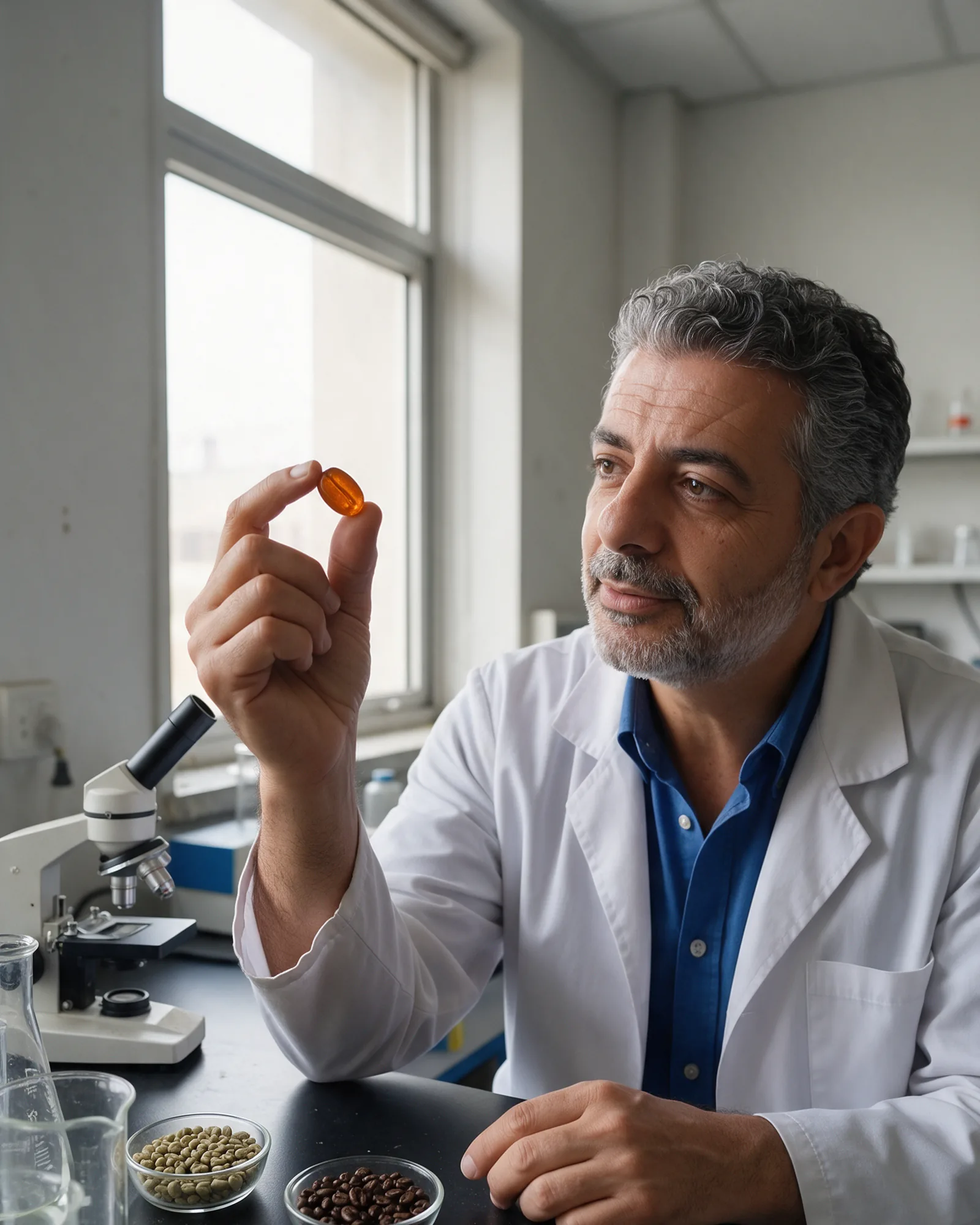Marco Salinas en su laboratorio, con una gomita de Café Burn en la mano